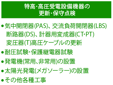 特高・高圧受電設備機器の更新・保守点検  ●気中開閉器（PAS）、交流負荷開閉器（LBS） 断路器（DS）、計器用変成器（CT・PT）変圧器（T）高圧ケーブルの更新 ●耐圧試験・保護継電器試験 ●発電機（常用、非常用）の設置 ●太陽光発電（メガソーラー）の設置 ●その他各種工事